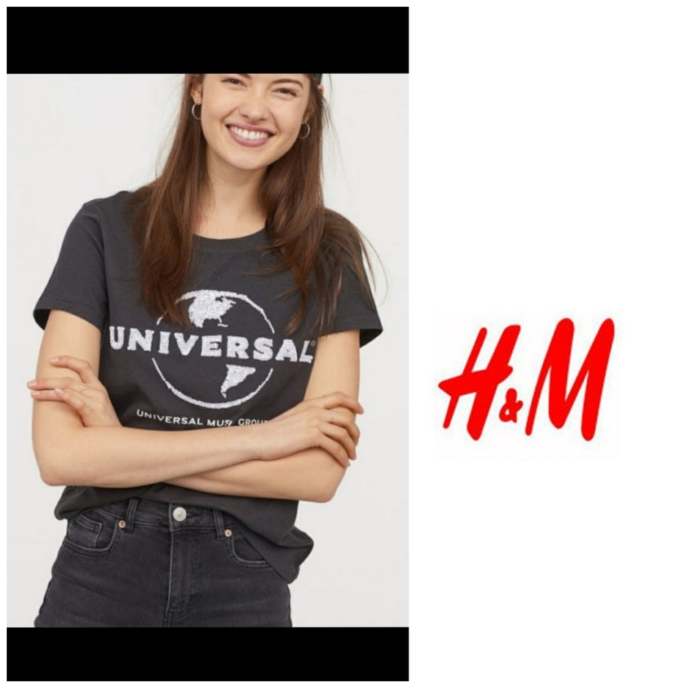 H & M black short sleeve tee white sequins UNIVERSAL Music globe logo Small